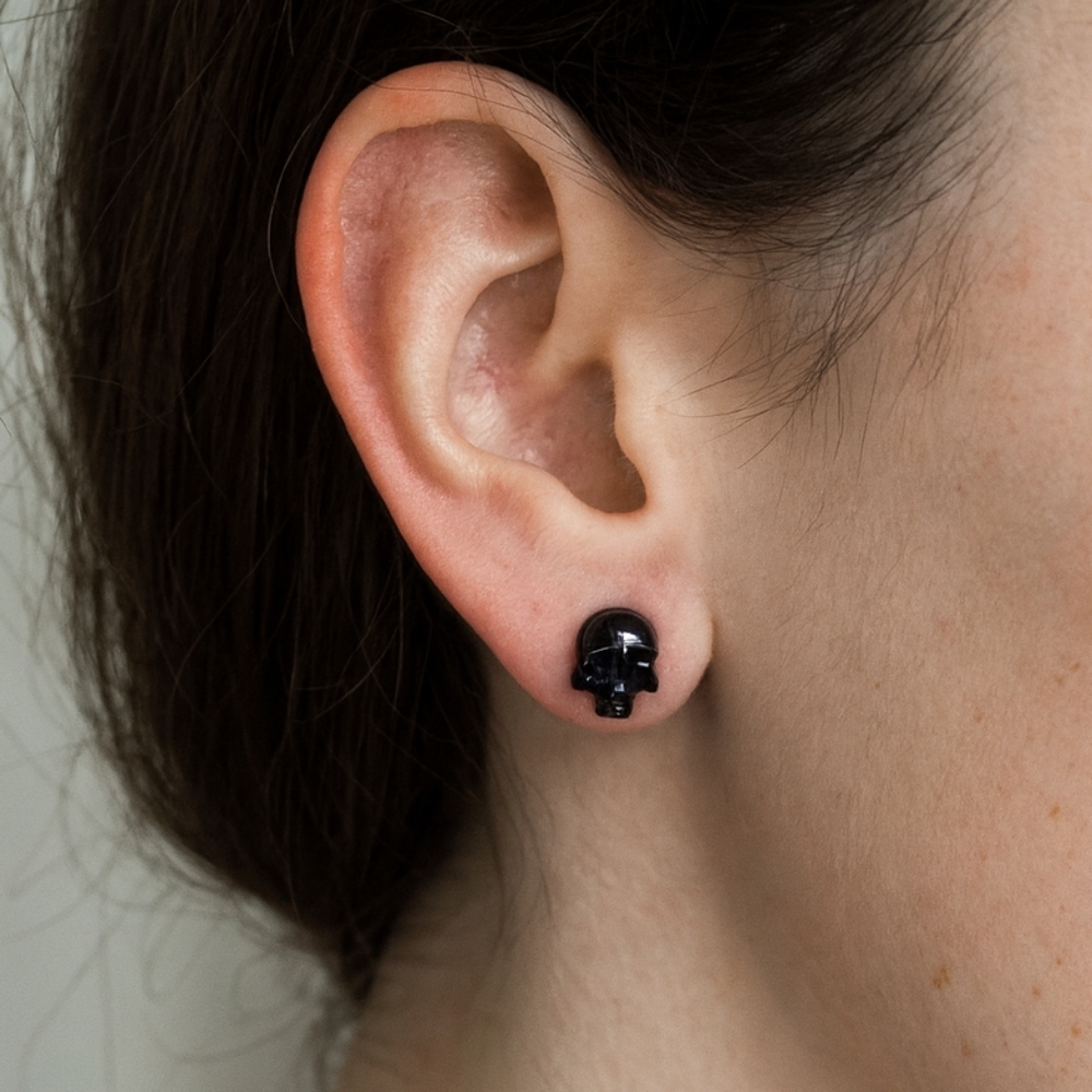 Handcrafted Mini Black Resin Skull Unisex Post Back Earrings